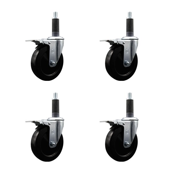 5'' SS Soft Rubber Swivel 1'' Expanding Stem Caster Set Total Lock Brake, 4PK